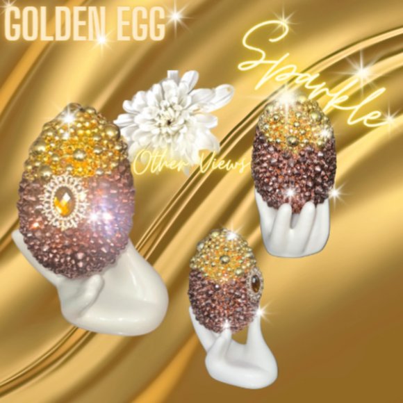 Gold Crystal Rhinestone Luxury Easter Egg W/Ceramic Egg Hand Holder, Easter Gift - Picture 3 of 16
